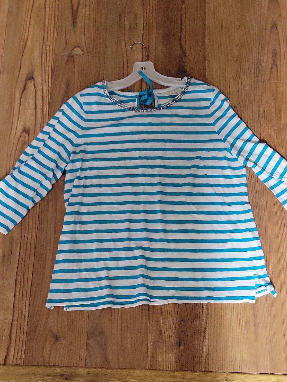 Chico's Blue & White Striped 3/4  Long Sleeve Tee with Embellished Neck